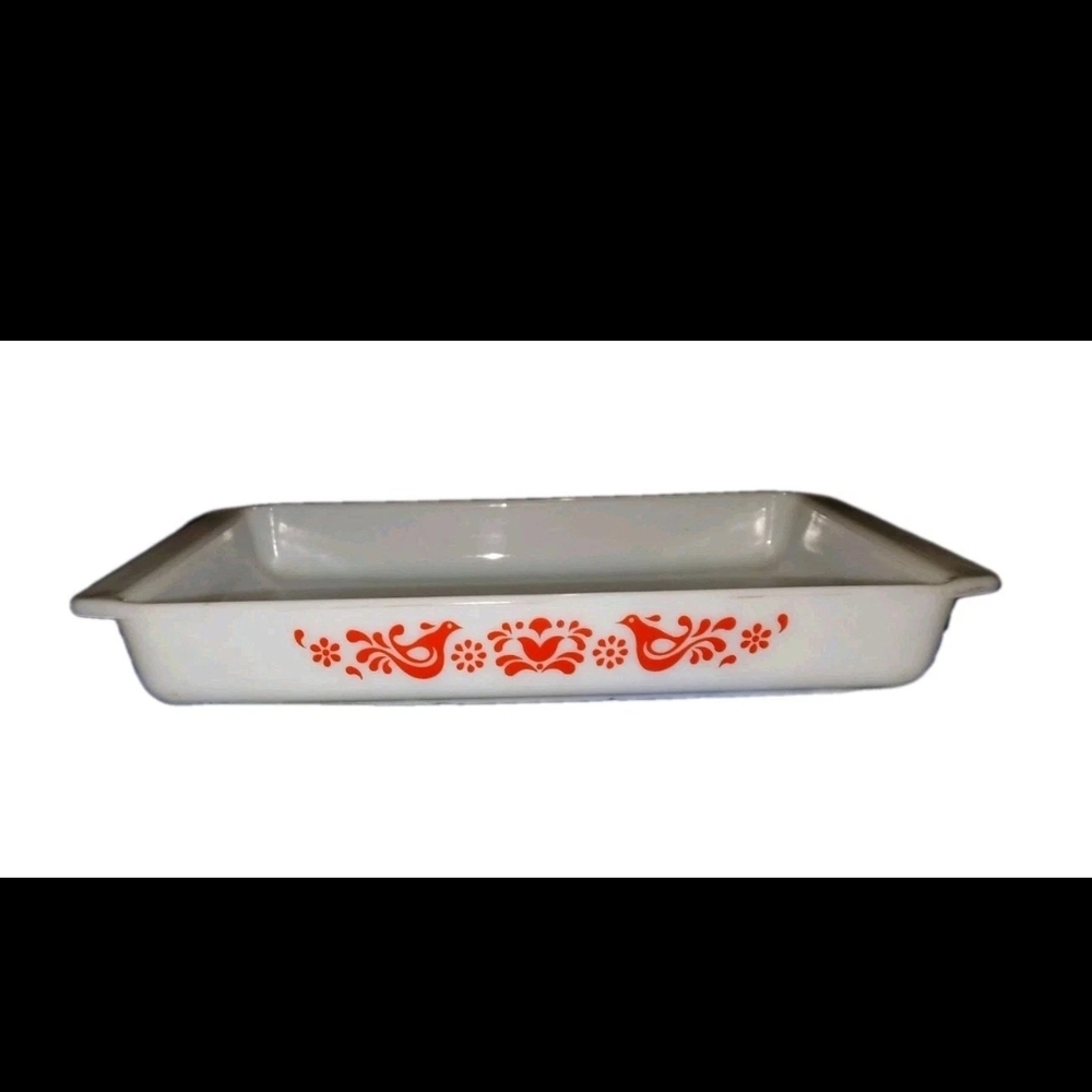 VTG Pyrex 933 Lasagna Pan Friendship Red Bird Dish 13.25x8.5 Silver Serv. Tray